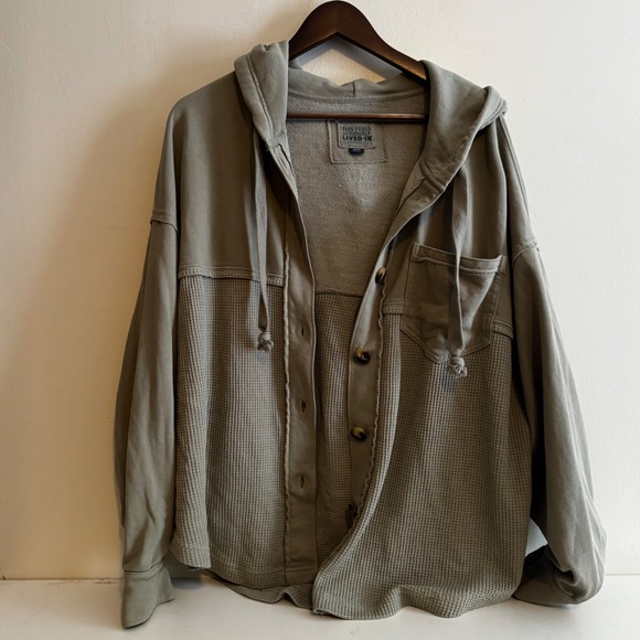 American Eagle Outfitters Tops - American Eagle Women's M Olive Waffle Knit Hoodie Indie Fall Boho Cotton Blend